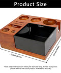 Solid Wooden Espresso Tamping Station With Fully Integrated Knock Box And Precision 58Mm Tamper Stand For Sapele Wood showing dimensions and layout.