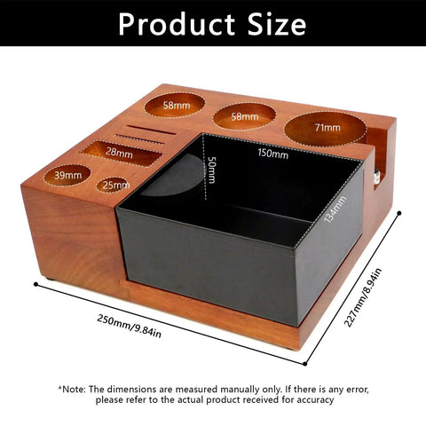 Solid Wooden Espresso Tamping Station With Fully Integrated Knock Box And Precision 58Mm Tamper Stand For Sapele Wood showing dimensions and layout.