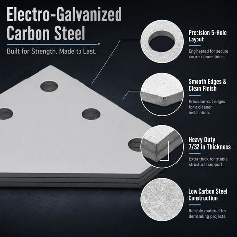 8 Pack 5-Hole Corner Gusset Plate For 1-5/8 Inch Strut Channel, electro-galvanized carbon steel, showcasing precision holes.