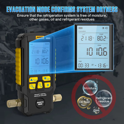 Digital Vacuum Gauge For HVAC With Leak Test And Evacuation Mode, 0-2000 mbar Range, Auto Evacuation For Moisture Removal, Real-Time Delta P Tracking, Four-Unit Display For Quick Pressure Checks in black and yellow