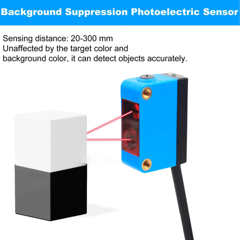 Compact Diffuse Photoelectric Sensor With Background Suppression And 2mm Red Laser, No Fuss Install, Sensing Range 20 To 300 Mm, 10 To 30 VDC, PNP Output, Unaffected By Background Color, Ideal For Transparent Objects, blue housing with cable