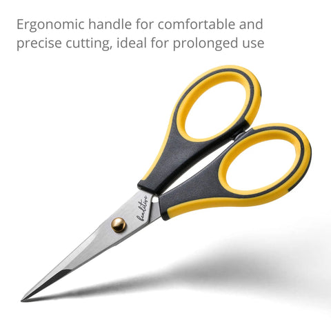 Ultra Sharp Precision Craft Scissors With Stainless Steel Blades And Safety Cap Micro Tip For Fine Paper Crafting Scrapbooking School Projects Home And Office Use Non Slip TPR Handles For Easy Grip Kid Friendly And Comfortable Everyday DIY. Yellow and black ergonomic handle with stainless steel micro tip.