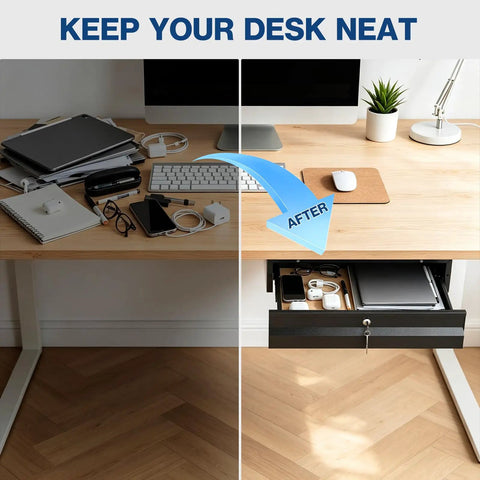 Heavy Duty Cold Rolled Steel Under Desk Drawer With Secure Lock And Slick Slide Out Tracks For Boss Level Paperwork And Tech Accessory Organization At Your Desk Station, showcasing organized items.