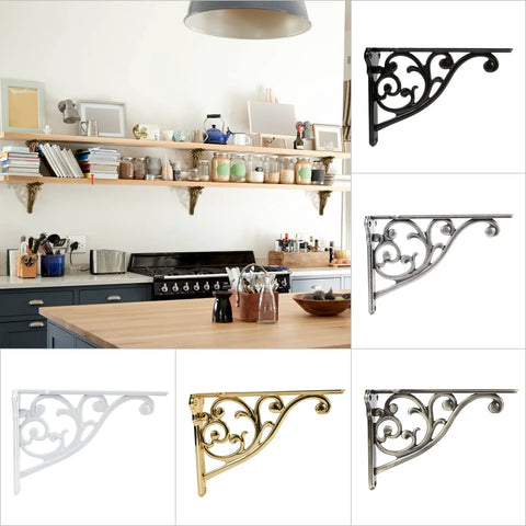8 Inch Heavy Duty Antique Brass Shelf Brackets Set Of 4 Victorian Baroque Style on kitchen wall with decorative items