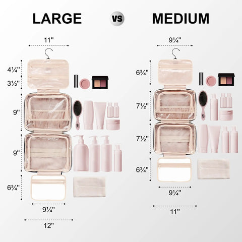 Comparison of large and medium pink Travel Toiletry Bag With Hanging Hook And Leakproof Wet And Dry Compartments, size details visible.