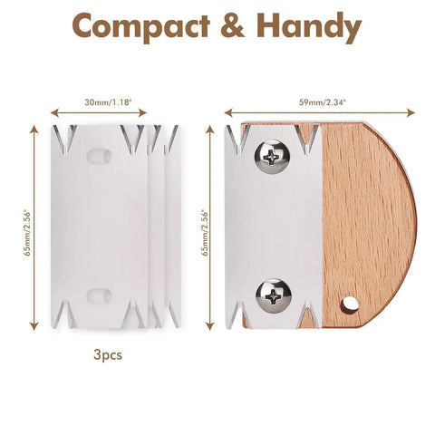 Pro Grade Wooden Edge Banding Trimmer With Three Replacement Blades displaying dimensions, wood handle detail, and stainless blades.
