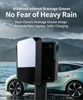 All Weather EV Charger Cover With Lockable Outdoor Charging Station Enclosure and Heavy Duty Metal Shield showing drainage groove design.