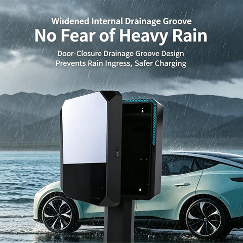 All Weather EV Charger Cover With Lockable Outdoor Charging Station Enclosure and Heavy Duty Metal Shield showing drainage groove design.