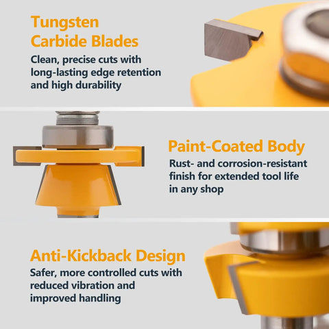 Killer Cut Shaker Cabinet Door Rail And Stile Router Bit Set Two Piece Kit with tungsten carbide blades and anti-kickback design.