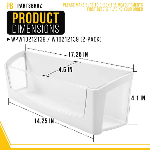 Refrigerator Door Shelf Bin Replacement 2-Pack for Whirlpool Maytag KitchenAid Fridge Door Shelves with dimensions labeled