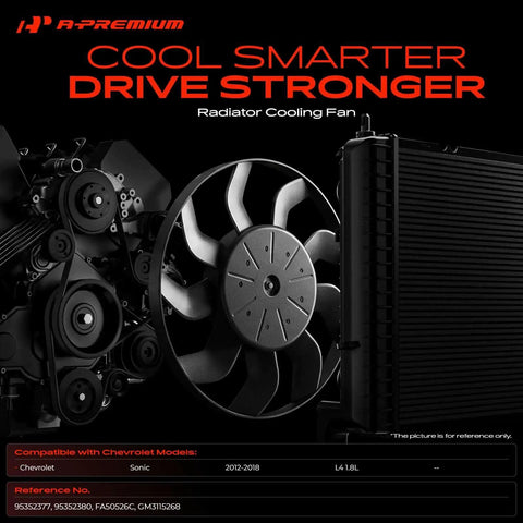 Tight Fitment Built Tough Engine Radiator Cooling Fan Shroud Assembly Straight Shot Replacement For Chevrolet Sonic 2012 To 2018 1.8L, featuring a fan and radiator.