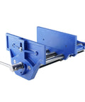 Beast Mode Heavy Duty Cast Iron Workbench Vise With Quick Release Lever 13 Inch Rock Solid Wooden Vice, blue cast iron construction.