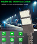 240W LED Parking Lot Light With Photocell, 33,600 Lumens, 5000K Daylight White, Type III Wide Distribution, IP65, attached to pole