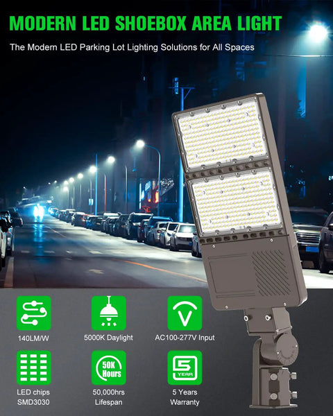 240W LED Parking Lot Light With Photocell, 33,600 Lumens, 5000K Daylight White, Type III Wide Distribution, IP65, attached to pole