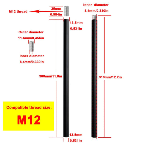 Matte Black M12 Threaded Extension Rod For Pendant Lights And Chandeliers Downrod No Fuss Install with dimensions and thread details