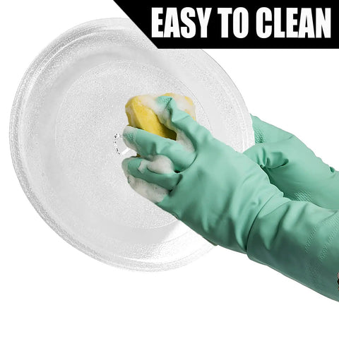 12 And A Half Inch Microwave Turntable Glass Plate Replacement Compatible With LG Samsung Kenmore Hotpoint Panasonic GE Durable BPA Free Glass Tray Oil Resistant Heat Resistant Easy Fit Value Upgrade being cleaned with sponge