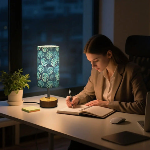 Watercolor Palm Leaf Blue Bedside Table Lamp With 3 Way Dimmable Touch Control And Built In Charging Station on desk at night