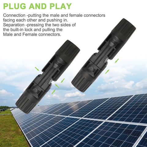40 Pieces MC4 Solar Panel Connectors Kit With Two Assembly Spanners IP67 Waterproof MC4 Male And Female Cable Connectors 1000V PV System Wiring For Solar Panels, showing connectors over solar panels.