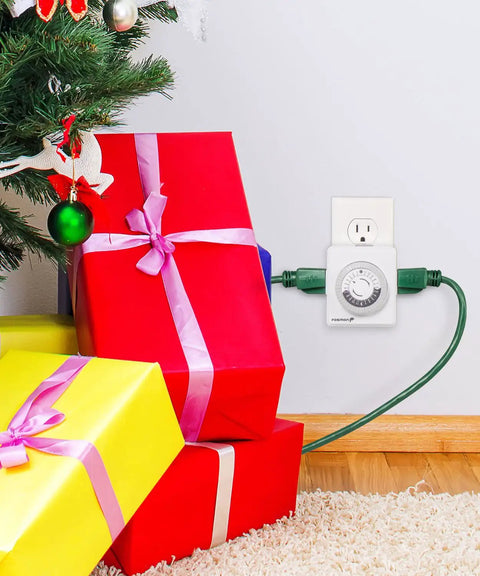 Dual 24 Hour Timers Outlet Plug In Indoor Light Timer with Auto On Off next to Christmas presents and tree.
