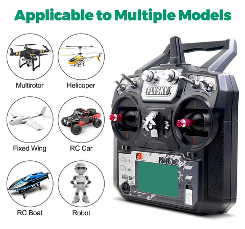 Six Channel 2.4GHz RC Transmitter Controller With iA6B Receiver shown with compatible models including drones and cars.