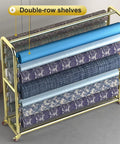 Built Tough Fabric Roll Storage Rack With Adjustable Pulley And Dual Tier Organizer For Vinyl Window Film Wallpaper Commercial Textile Display Stand No Sweat Smooth Setup with double-row shelves holding various textured rolls.