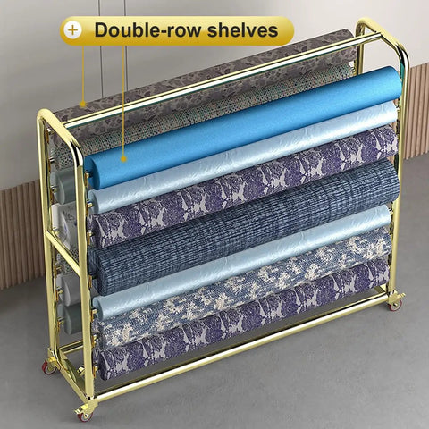 Built Tough Fabric Roll Storage Rack With Adjustable Pulley And Dual Tier Organizer For Vinyl Window Film Wallpaper Commercial Textile Display Stand No Sweat Smooth Setup with double-row shelves holding various textured rolls.