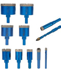 Built Like A Tank Heavy Duty Diamond Hole Saw Set With Razor Sharp Pilot Drill Bit For Porcelain Ceramic Tile Granite Marble And Brick An Eleven Piece Kit Ranging From One Quarter To Two Inches, showing various sizes of diamond hole saws and pilot drill.