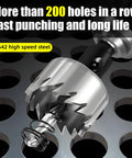 Five-piece high-speed steel hole saw set, 16–25 mm (5/8–1 in), with center pilot and spring.