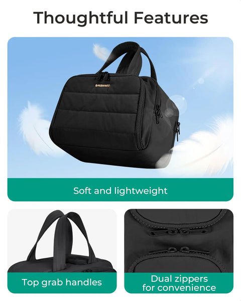 Ultra Lightweight Puffy Travel Toiletry Bag with handle in soft Taslan fabric, black color showing top grab handles and zippers