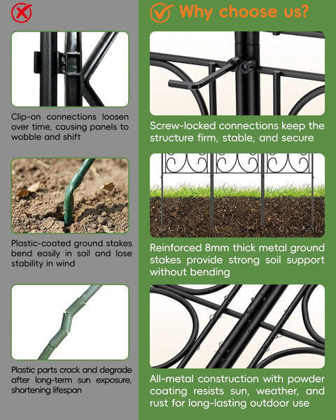 Diagram comparing features of Heavy Duty Metal Garden Trellis For Outdoor Climbing Plants 60 Inch Tall 33 Inch Wide Built To Last Plant Support Privacy Screen Wall Mount For Roses Clematis And Other Vines