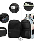 Two-Tone Abstract Print Backpack For Everyone, showing open compartments and internal pockets, large capacity unisex daypack.