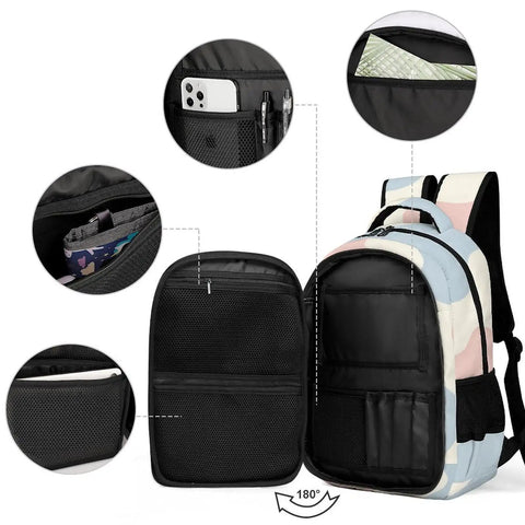 Two-Tone Abstract Print Backpack For Everyone, showing open compartments and internal pockets, large capacity unisex daypack.