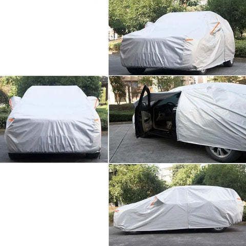 Six Layer SUV Car Cover With Custom Fit For Toyota RAV4 2006 Through 2025 All Weather Waterproof Rain Snow Sun UV Protection Heavy Duty Exterior Shield Silver covering a RAV4