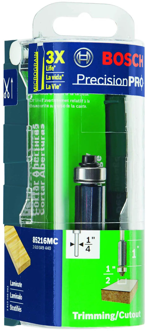 Packaging of Half Inch Carbide Tipped 3 Flute Flush Trim Router Bit Pro Grade with Shielded Pilot Bearing for Laminates and Veneers