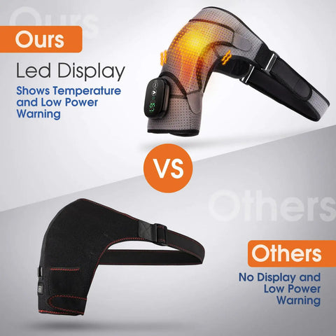 Comparison of Cordless Shoulder Heating Pad With Vibration Massage features, showing LED display versus a model without display.
