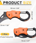 Mini Pocket Folding Knife With Carabiner Clip, 3Cr13 Stainless Steel Blade 1.38 Inches, shown open and folded, orange and black design.