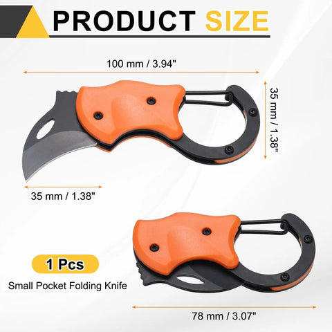 Mini Pocket Folding Knife With Carabiner Clip, 3Cr13 Stainless Steel Blade 1.38 Inches, shown open and folded, orange and black design.