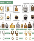 All-in-One Leather End Caps Kit for Jewelry Making, showing 210 pieces including gold and silver tube ends, lobster clasps.
