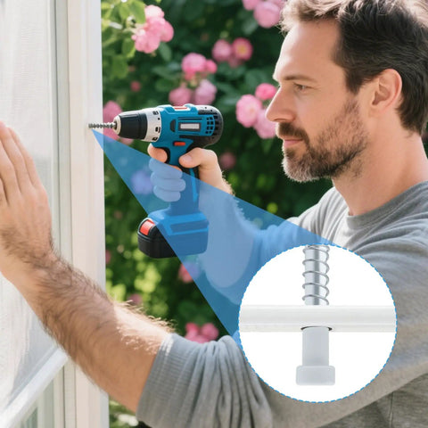 Man using a drill on a window while installing 14 Pack Aluminum Window Screen Plunger Latches With Cap Pins And Springs.