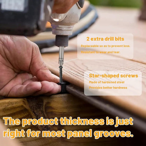 Installation of 1250 Piece Set Of Universal Hidden Deck Fasteners For Composite Board Systems, showcasing star-shaped screws.