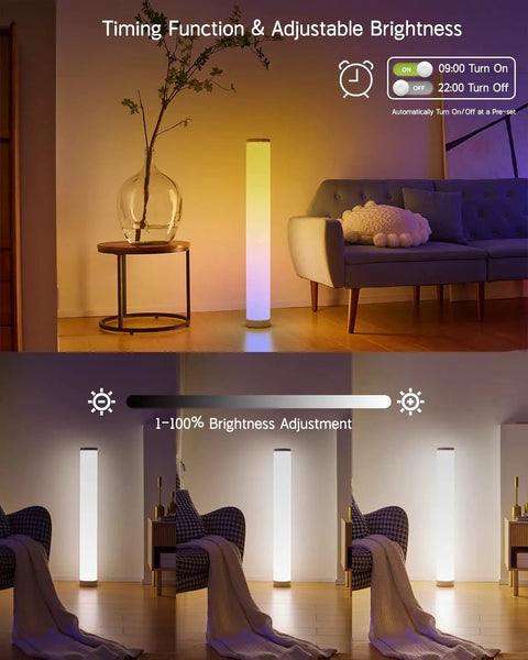 Lit RGBIC Color Changing Floor Lamp 2 Pack With WiFi App And Remote in a living room, displaying adjustable brightness settings.