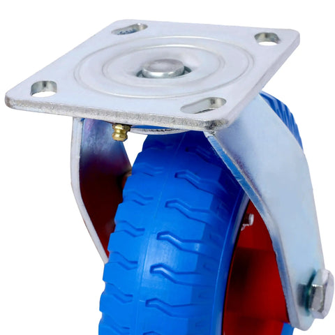 Set Of 2 Heavy Duty 8 Inch Swivel Caster Wheels Featuring Grippier Rubber Tires And Silky Smooth Ball Bearings 220 Lb Capacity Each 5 8 Inch Bore built tight for rock solid furniture in blue swivel caster wheel close-up.