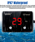 Front view of JJCOCO oil pressure gauge with red LED display showing 29 PSI on black housing