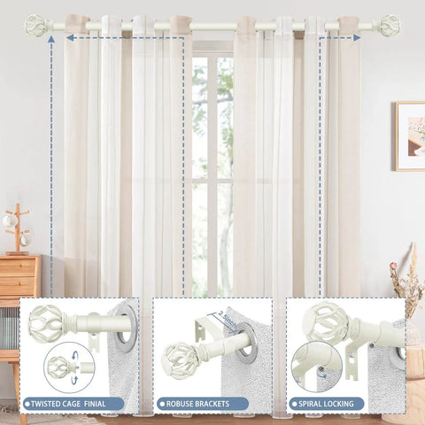 White Farmhouse Curtain Rod With Dope Vintage Twist Finials, Adjustable From 36 To 88 Inches, shown in living room setting