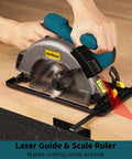 Enventor circular saw, blue, with laser guide and bevel scale, cutting on a wooden board.