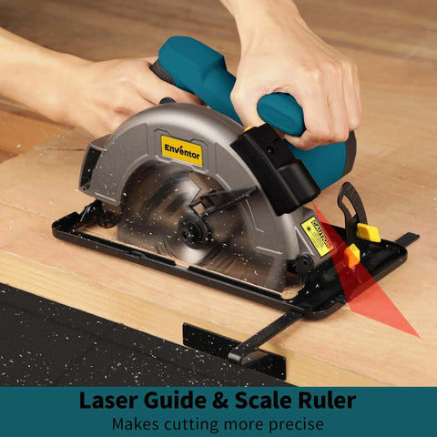 Enventor circular saw, blue, with laser guide and bevel scale, cutting on a wooden board.