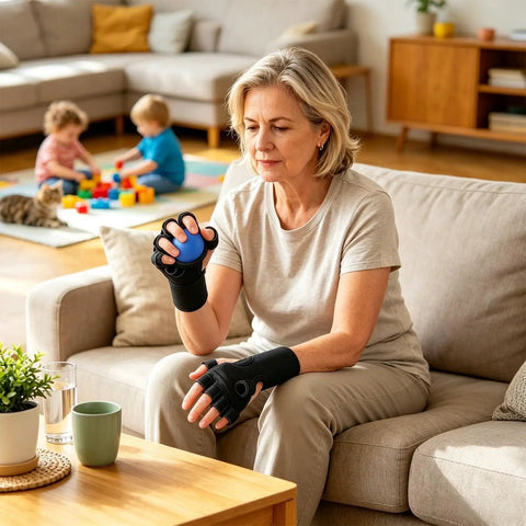 Woman using Finger Grip Strength Ball For Stronger Hands And Everyday Grip Training, Hand Exercise Tool For Weightlifting, Office Desk Relief