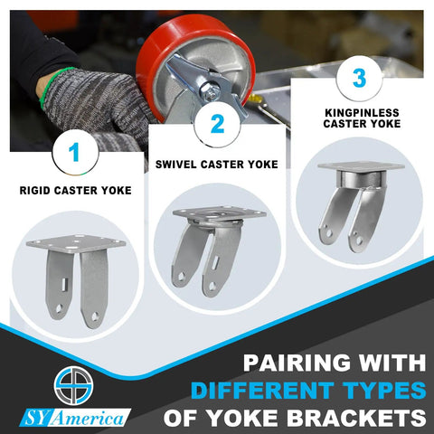 Heavy Duty 8 Inch Diameter By 2 Inch Wide Red Polyurethane Caster Wheels With Roller Bearings shown with yoke brackets.