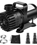 Front view: VIVOSUN 1800 GPH submersible pond pump in black with handle; includes hose adapters, clamps, and mesh bag.