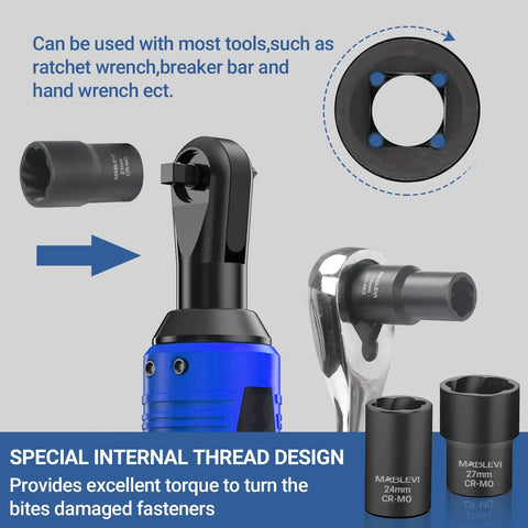 13 Piece Bolt Extractor Set With Half Inch Drive Impact Lug Nut Remover Socket Tool Center Punch Bar For Damaged Frozen Rusted Rounded Off Bolts And Screws Built Tough shown with wrench tool